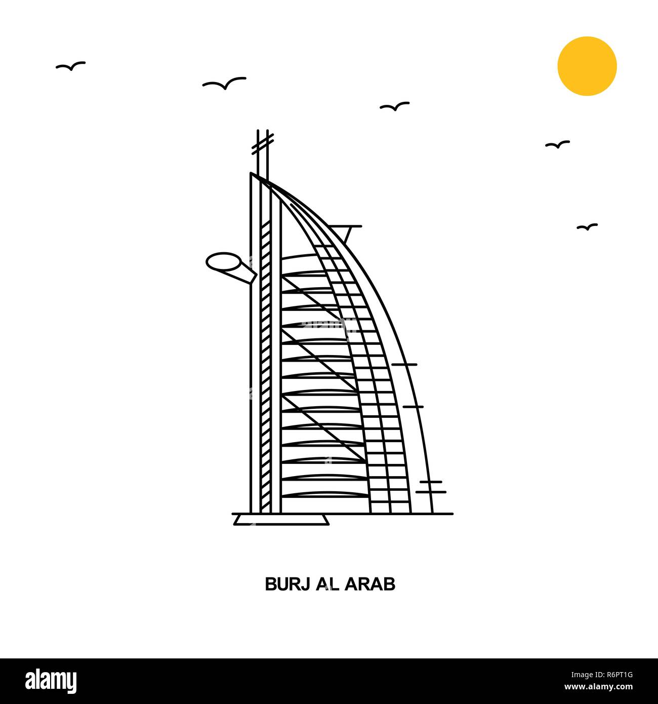 El Burj Al Arab monumento. World Travel ilustración Natural en Estilo de línea de fondo Ilustración del Vector