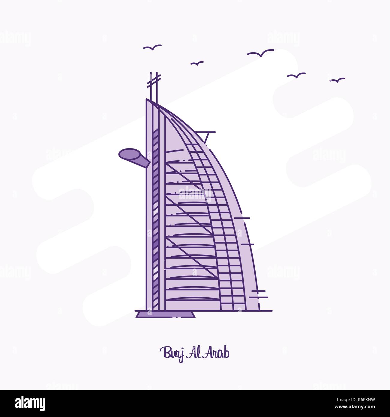 El Burj Al Arab Landmark línea de puntos de color púrpura skyline ilustración vectorial Ilustración del Vector