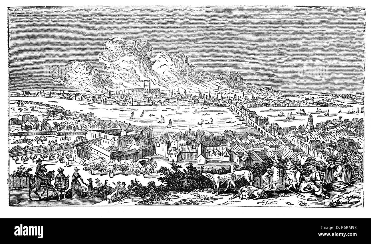 El Gran Incendio de Londres vistos a través del río Támesis, desde Bankside en Southwark. La El Gran Incendio de Londres vistos a través del río Támesis, desde Bankside en Southwark. La