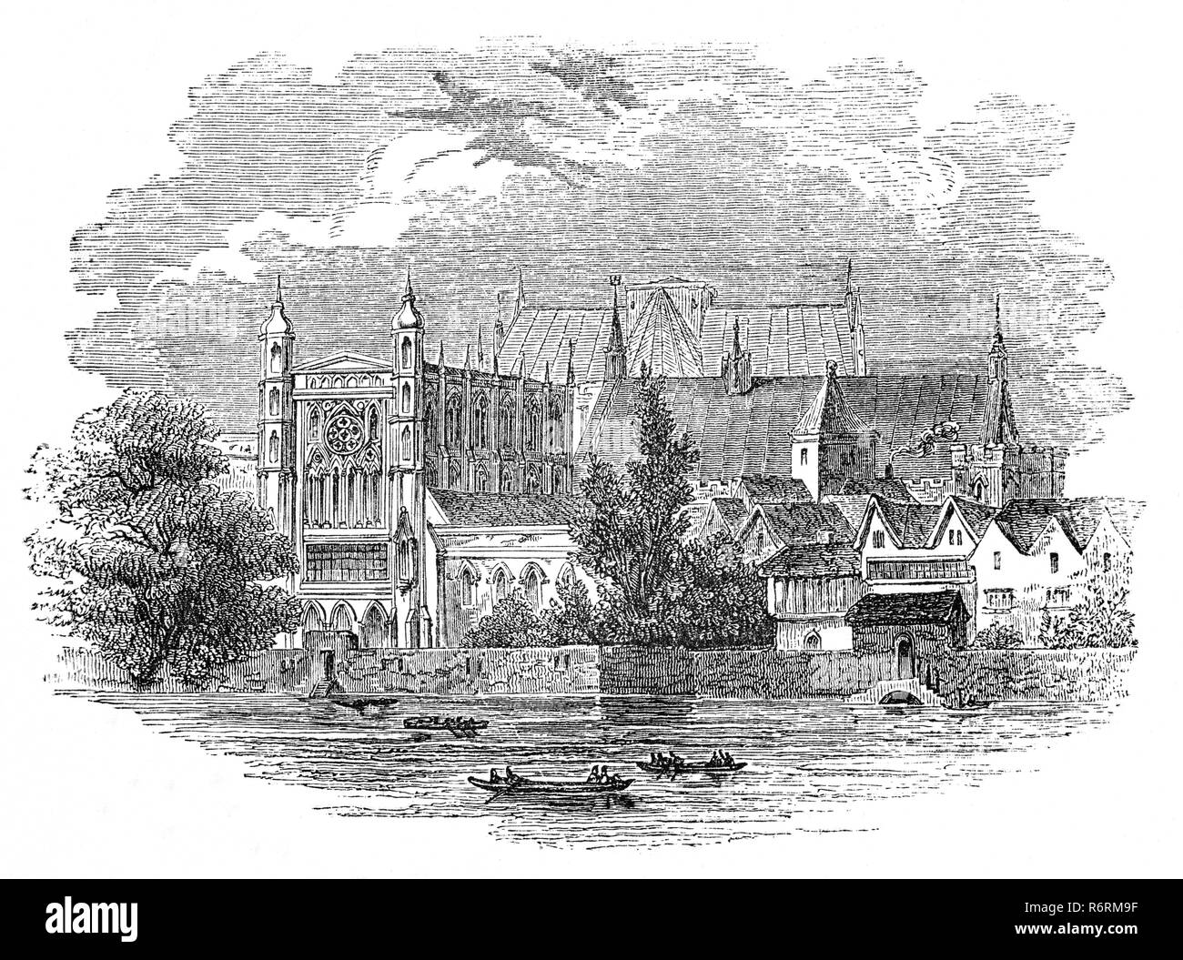 El Palacio de Westminster o las Casas del Parlamento del Reino Unido en la ribera norte del río Támesis, en la ciudad de Westminster, en el centro de Londres, Inglaterra. Su nombre se deriva de la vecina Abadía de Westminster y se refiere al antiguo palacio medieval, sin embargo, el edificio fue destruido por un incendio en 1834. Foto de stock