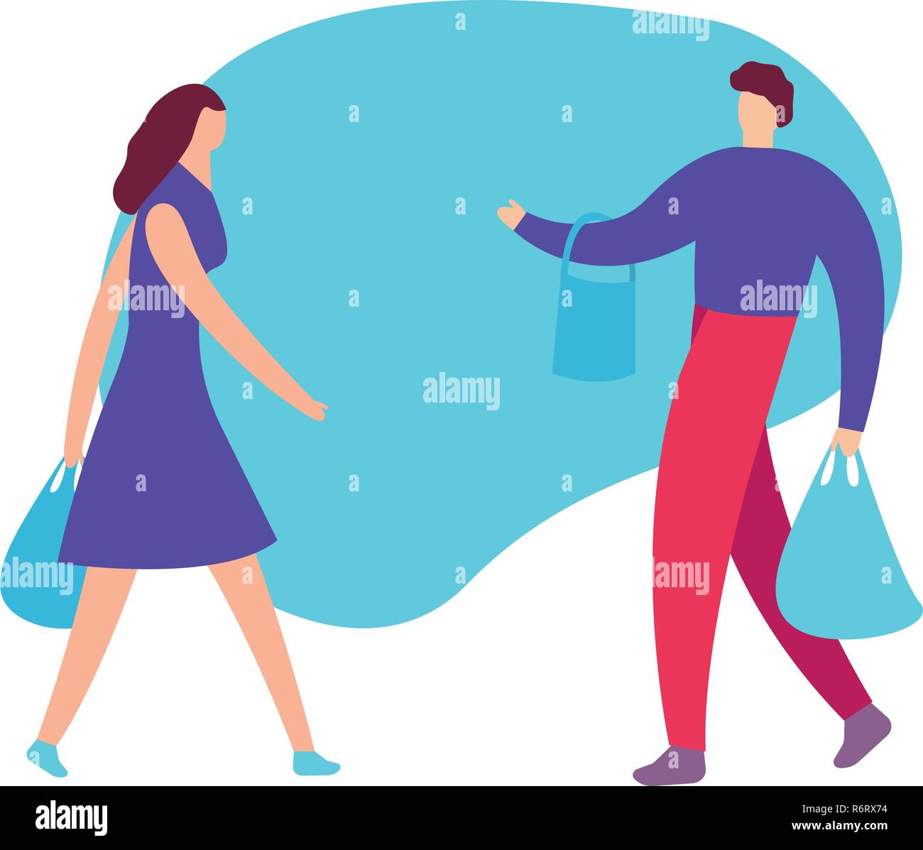 El hombre y la mujer con bolsas de la compra. ilustración vectorial de dibujos animados de la mujer y el hombre va plana con teléfono y paquetes en El hombre y la mujer con bolsas de la compra. ilustración vectorial de dibujos animados de la mujer y el hombre va plana con teléfono y paquetes en