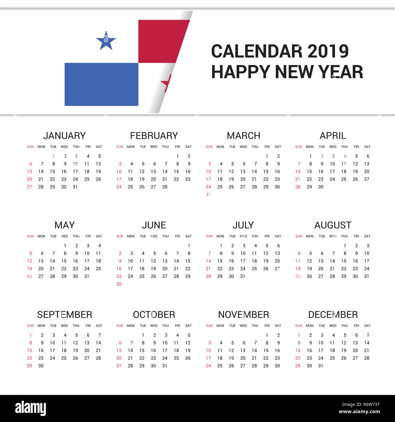 Calendario 2019 Bandera de Panamá de fondo. Idioma inglés Ilustración del Vector