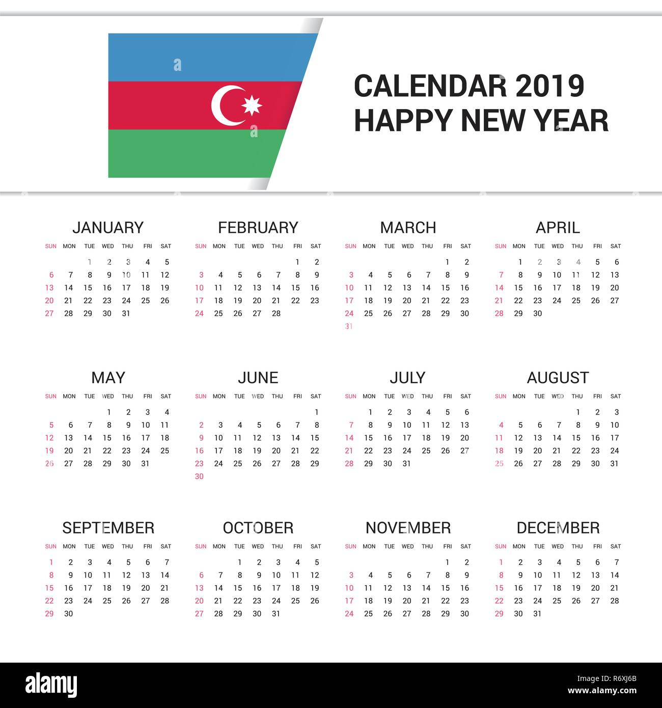 Calendario 2019 Azerbaiyan Bandera De Fondo Idioma Ingles Imagen Vector De Stock Alamy