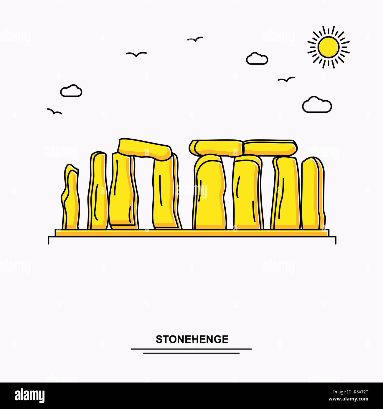 Monumento STONEHENGE Poster Plantilla. World Travel amarillo ilustración antecedentes en el estilo de línea con carácter beauture escena Ilustración del Vector