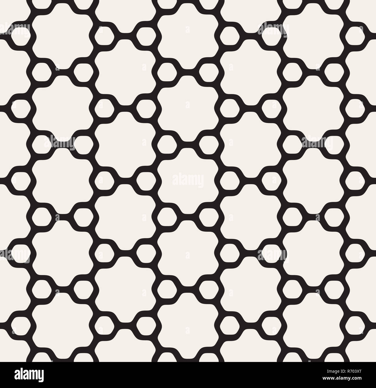 Blanco y negro perfecta vector floral redondeado estrella hexagonal y describió círculos patrón Foto de stock