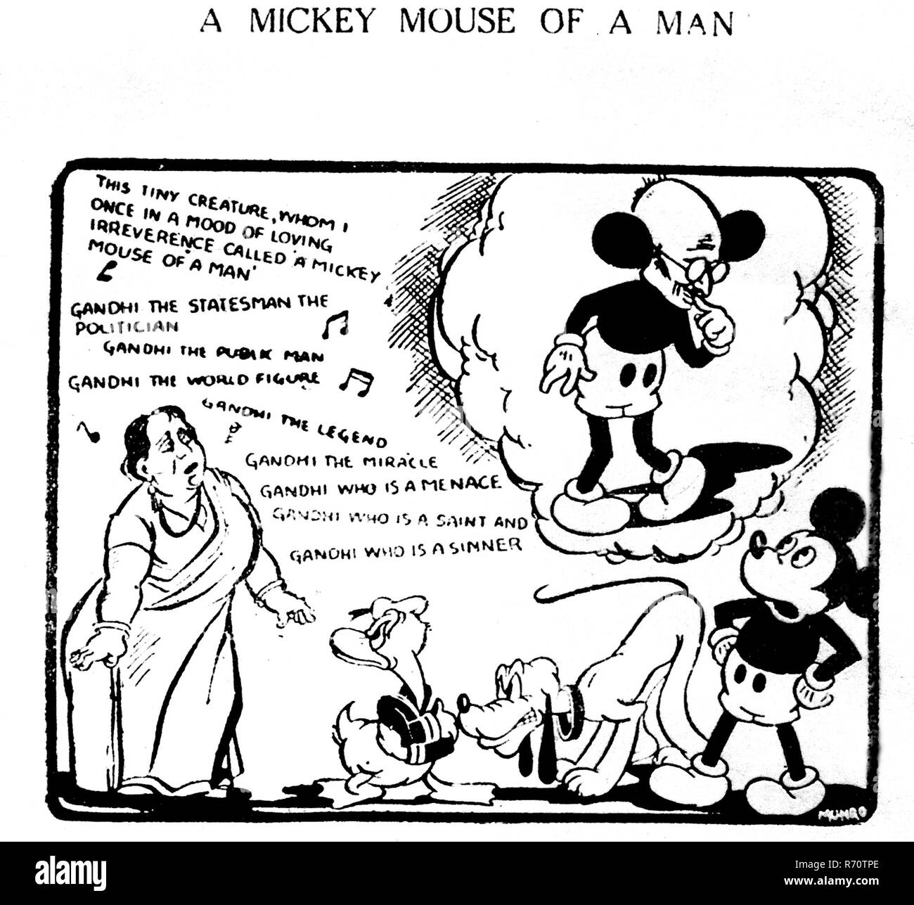 Mahatma Gandhi como Mickey Mouse caricatura, Civil and Military Gazette, octubre de 1932, foto antigua vintage de 1900s Foto de stock