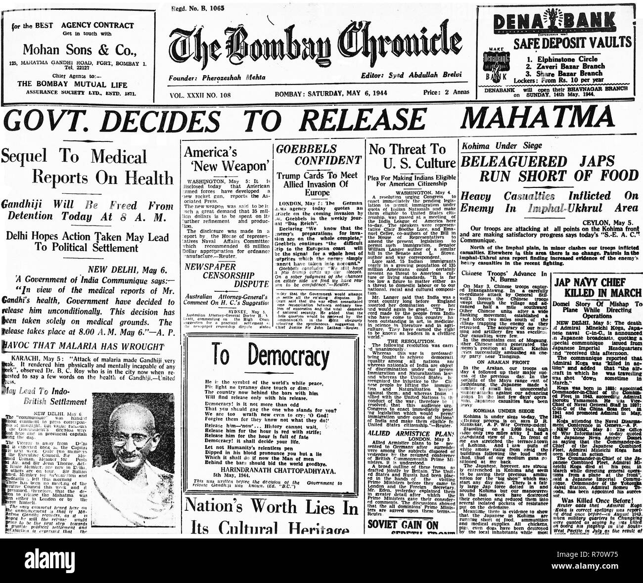 Noticias De Mahatma Gandhi En La Portada Del Peri dico Bombay Chronicle 