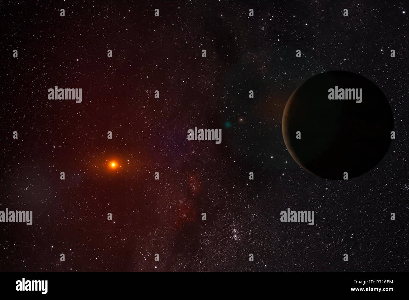 El planeta contra el telón de fondo de una estrella. Star sky, gráficos por ordenador del espacio. Foto de stock