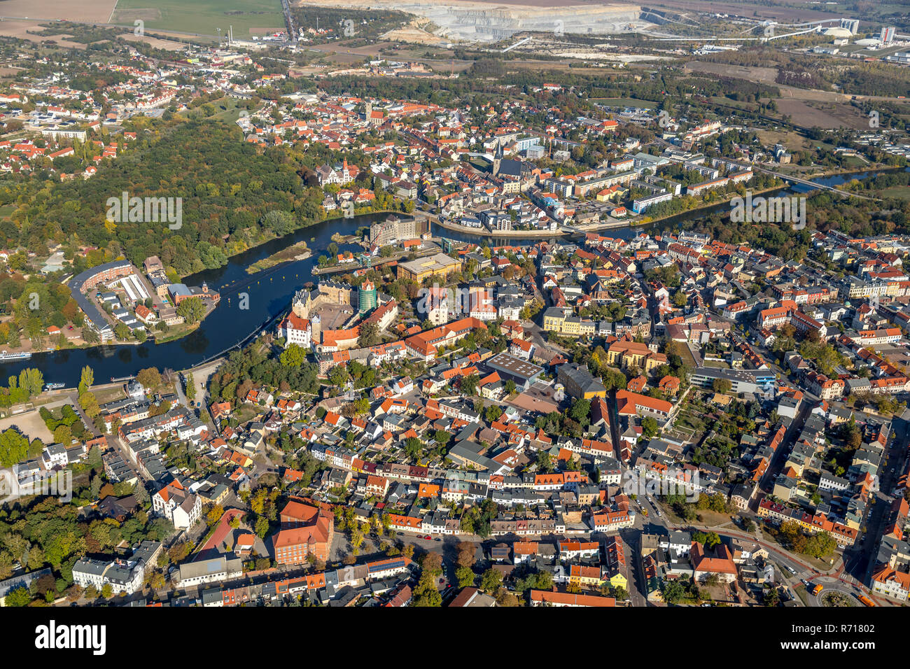 Vista aérea, vista de la ciudad con el castillo, Bernburg, Sajonia-Anhalt, Alemania Foto de stock