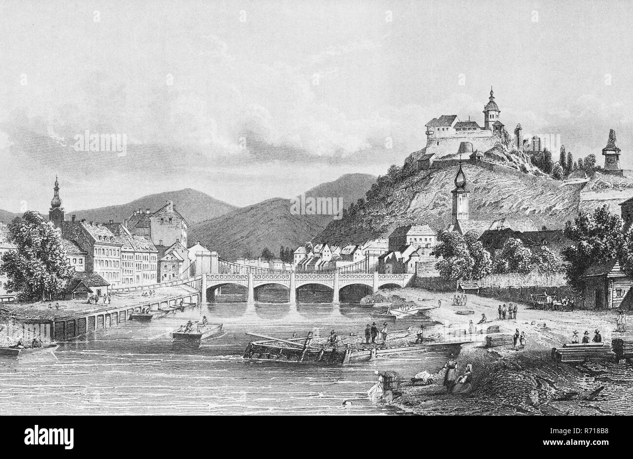 Vista de la ciudad histórica, acero grabado, Graz, Schlossberg alrededor de 1855, Estiria, Austria Foto de stock
