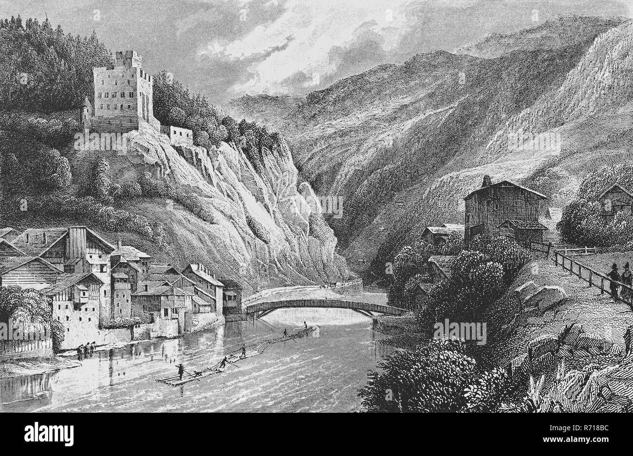 Vista de la ciudad histórica, acero grabado, Landeck am Inn alrededor de 1850, Tirol, Austria Foto de stock