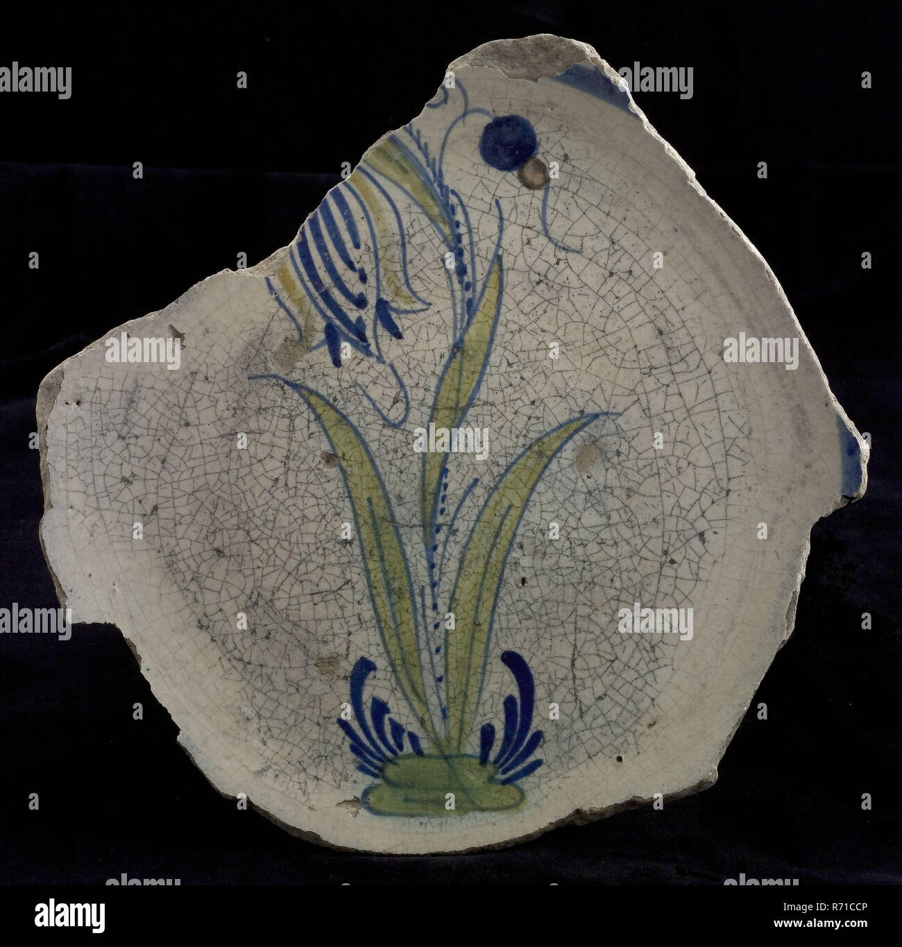 Fragmento De Mayolica Policromada Plato Con Tulip En El Suelo La Placa Soporte De Vajilla De