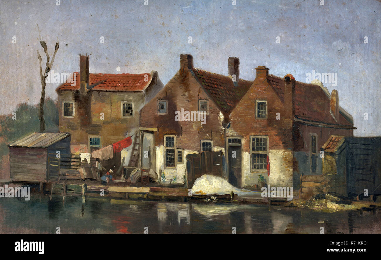 Jan Bikkers, fachadas de casas en la aldea de Zwaanshals, Rotterdam, ver  material de pintura óleo de papel de 24,4 W 37,7 la pintura de la parte de  atrás de la Zwaanshals