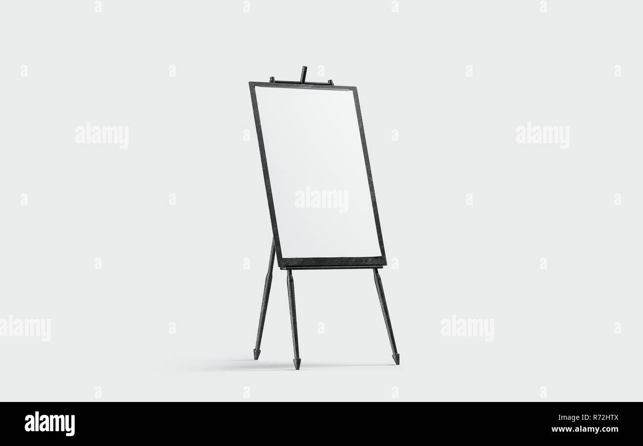 Soporte de lienzo en blanco sobre negro el boceto de caballete, aisladas, 3D rendering. Póster de vacío para imagen en marco de madera de maquetas, vista lateral. Borrar la pantalla para dibujar Soporte de lienzo en blanco sobre negro el boceto de caballete, aisladas, 3D rendering. Póster de vacío para imagen en marco de madera de maquetas, vista lateral. Borrar la pantalla para dibujar