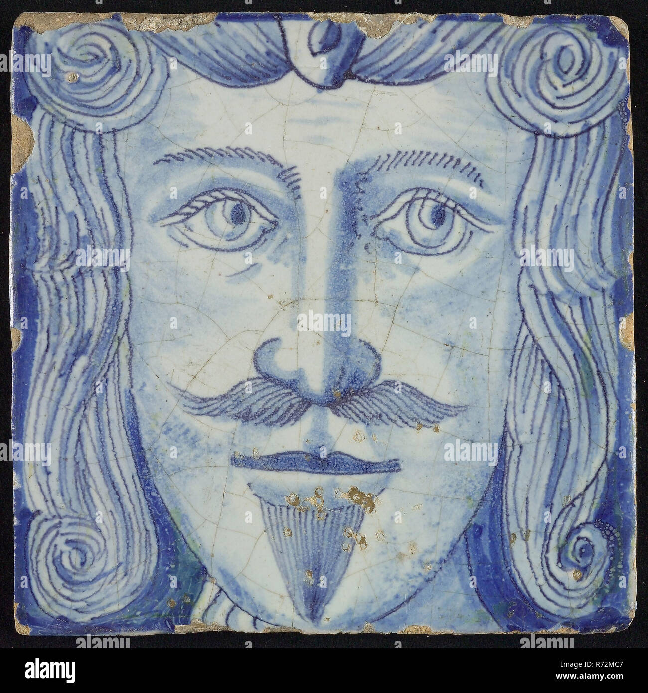 Azulejos de chimenea de la pilastra, azul sobre blanco, parte de pilar con  cabeza de hombre con bigote y barba, la pilastra de la chimenea de la  pilastra de mosaico cerámico fragmento