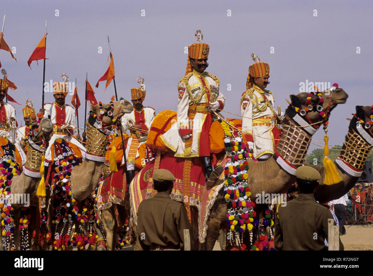 Procesión de camellos, procesión ceremonial, Festival del Desierto de Jaisalmer, Rajasthan, India Foto de stock