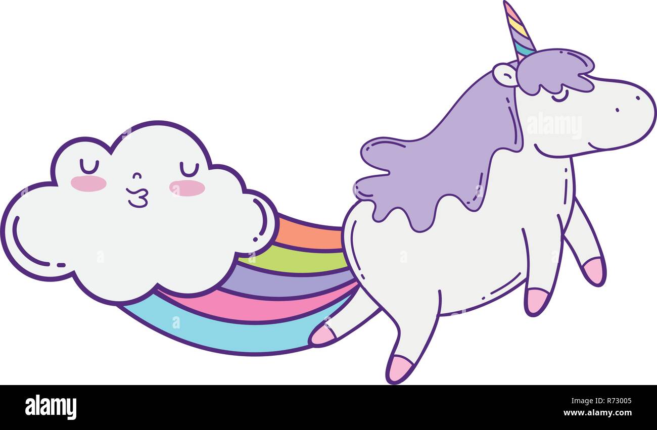 Lindo Unicornio Con Nubes Y Arco Iris Kawaii Imagen Vector De Stock Alamy