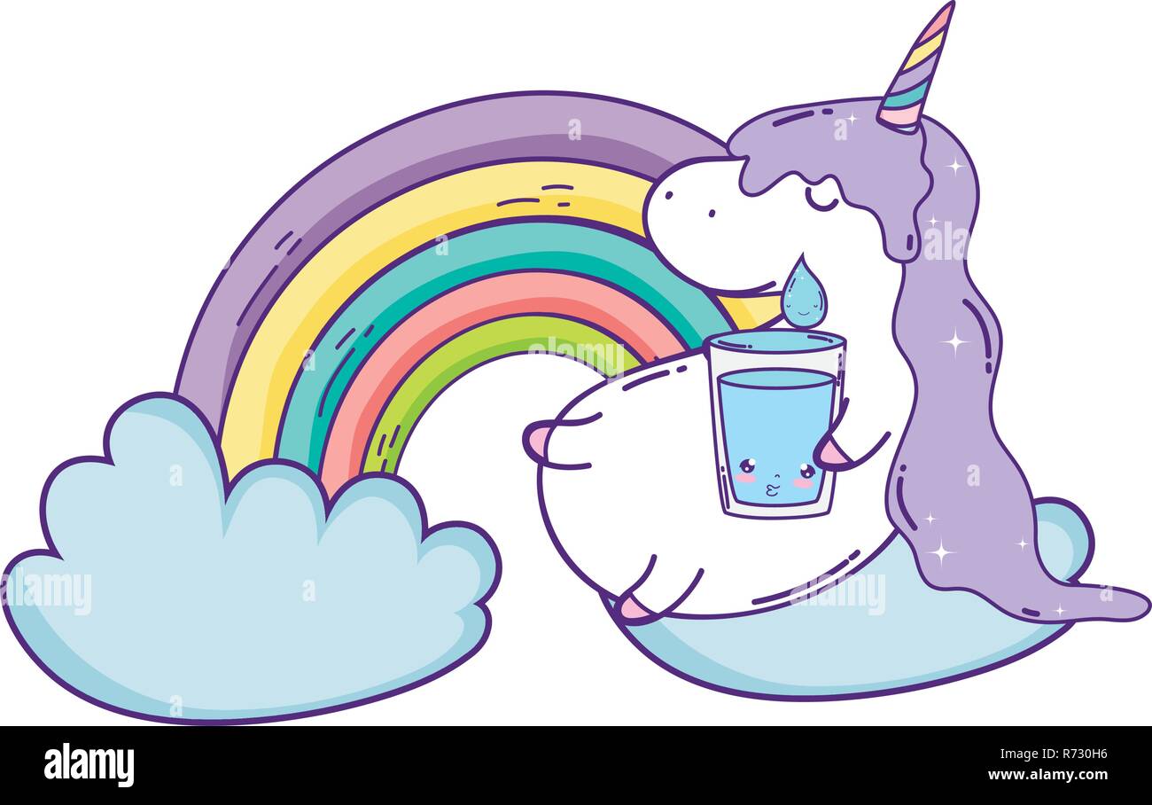 Lindo Unicornio Con Nubes Y Arco Iris Kawaii Imagen Vector De Stock Alamy