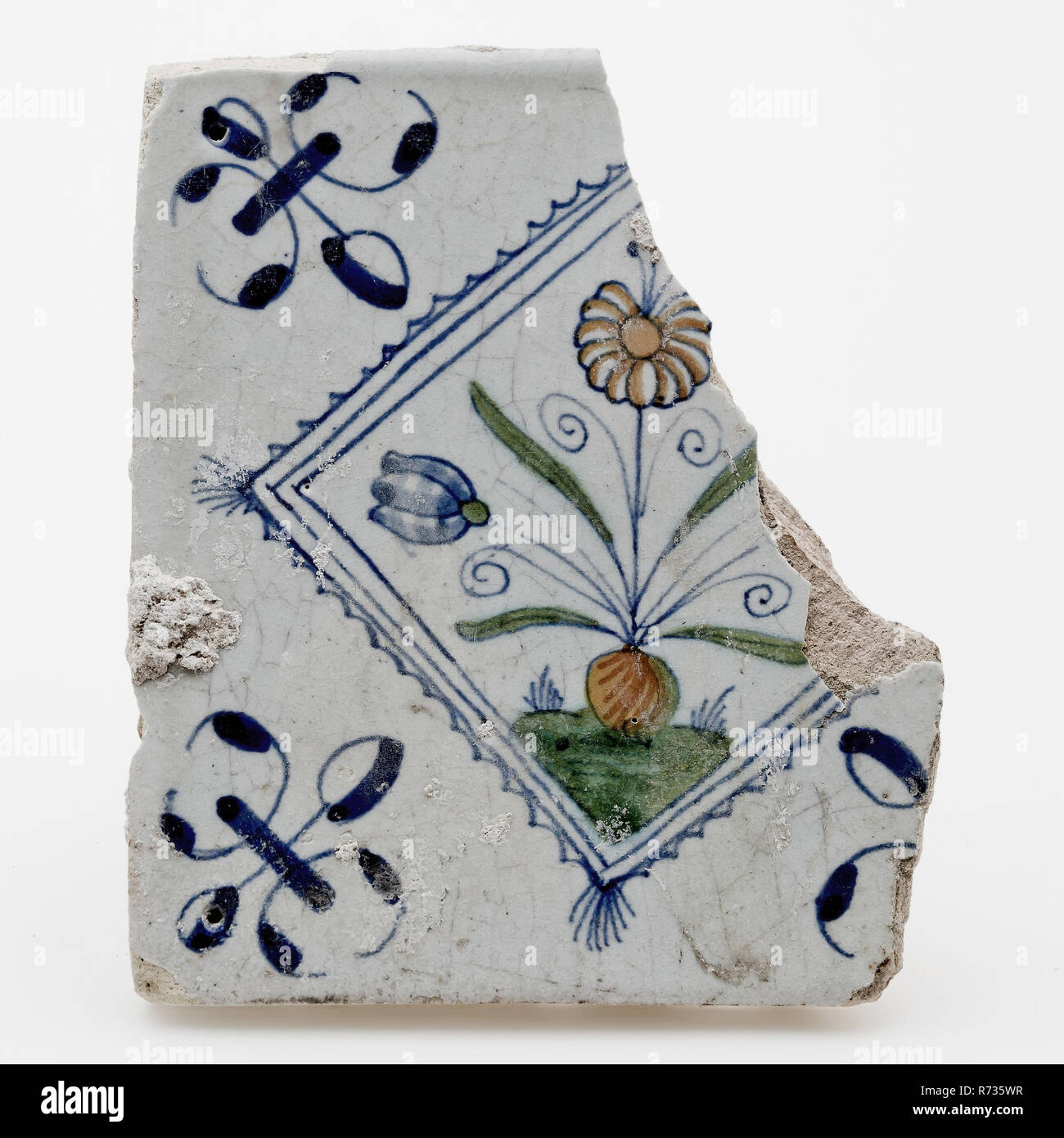Fragmento De Mosaico Policromo Ceramica Cuadrada Con Flor Azulejo