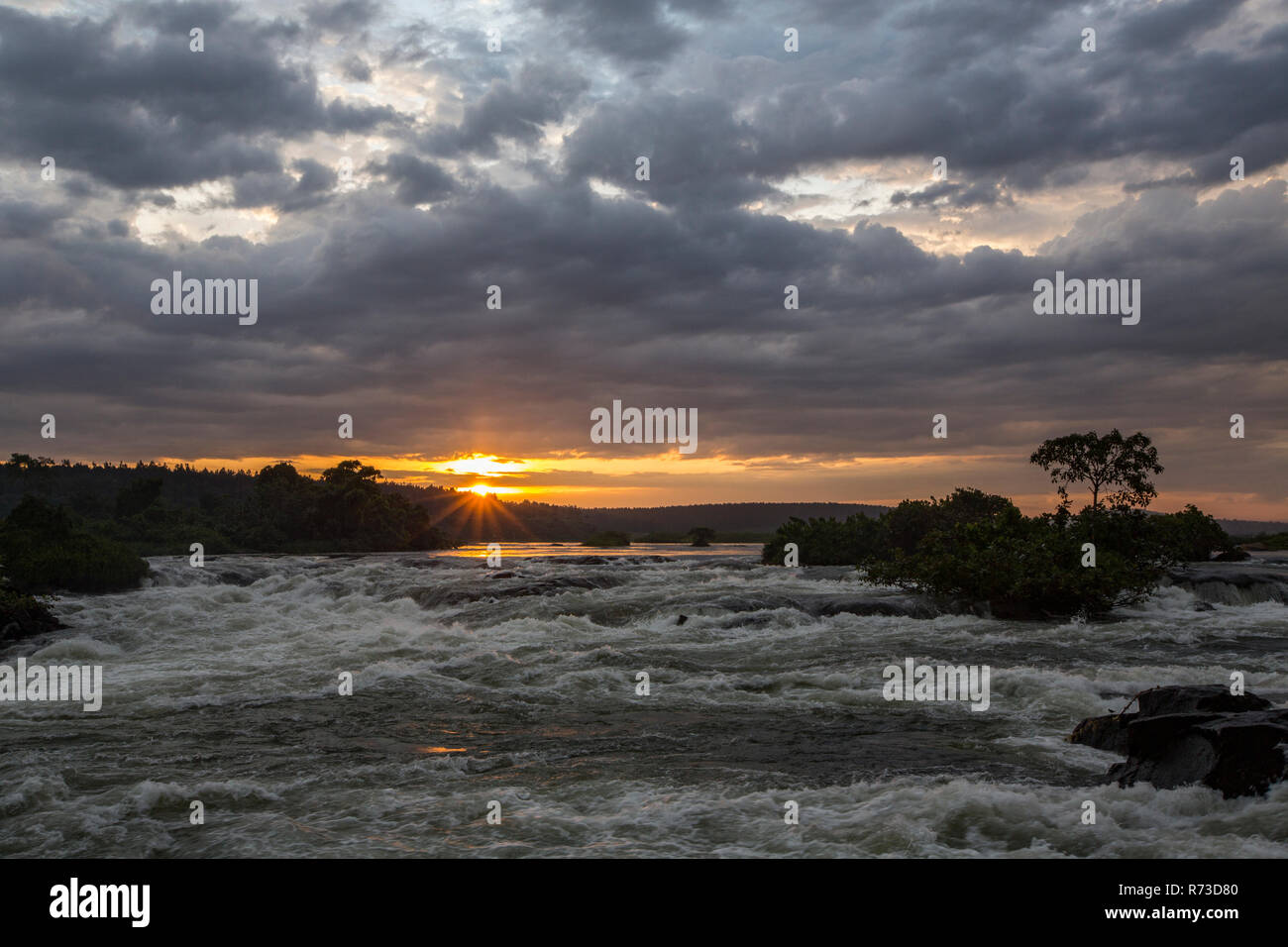Río Nilo fluye al amanecer con una fuerte corriente de agua, Uganda Foto de stock
