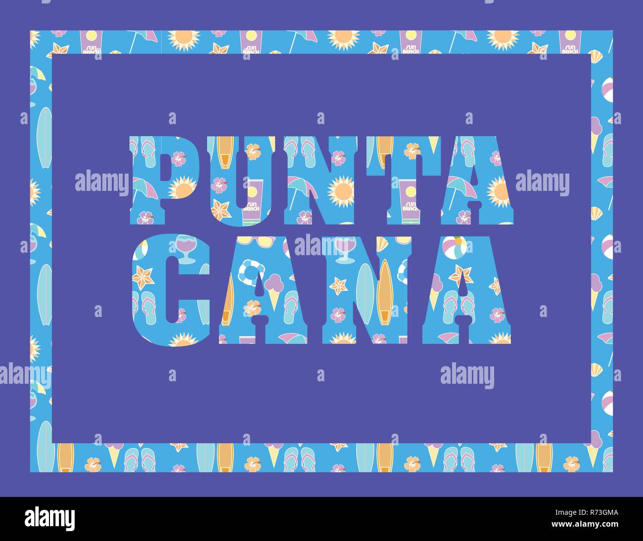 Punta Cana rotulación sobre azul procedencia. Vector letras tropicales con coloridos iconos en playa azul procedencia Ilustración del Vector
