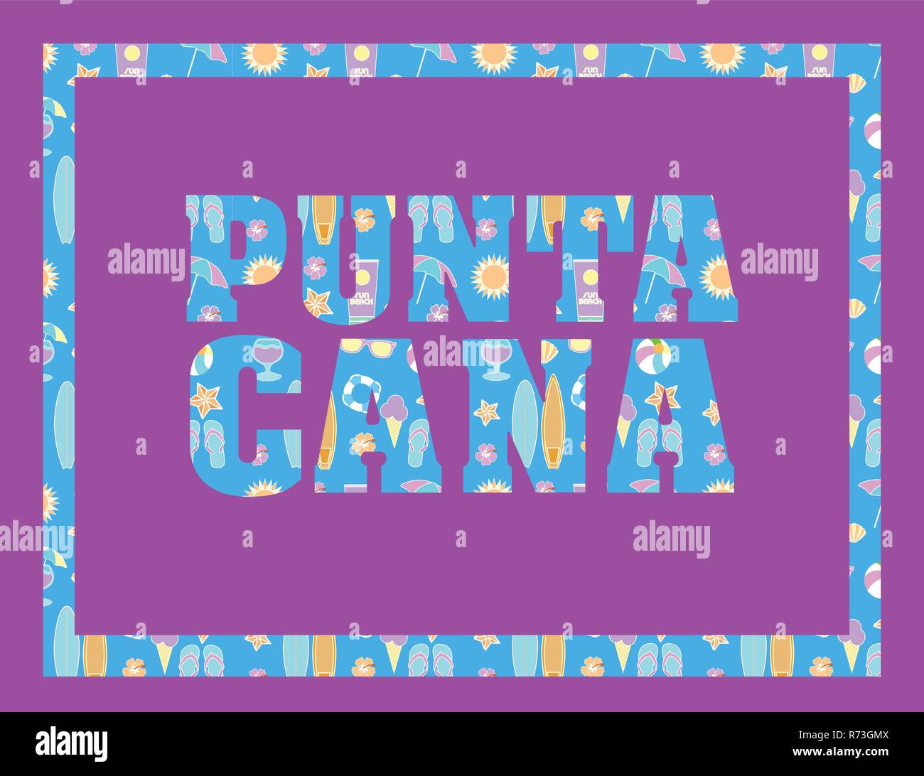 Punta Cana las letras sobre la procedencia de color fucsia. Vector letras tropicales con coloridos iconos en playa azul procedencia Ilustración del Vector