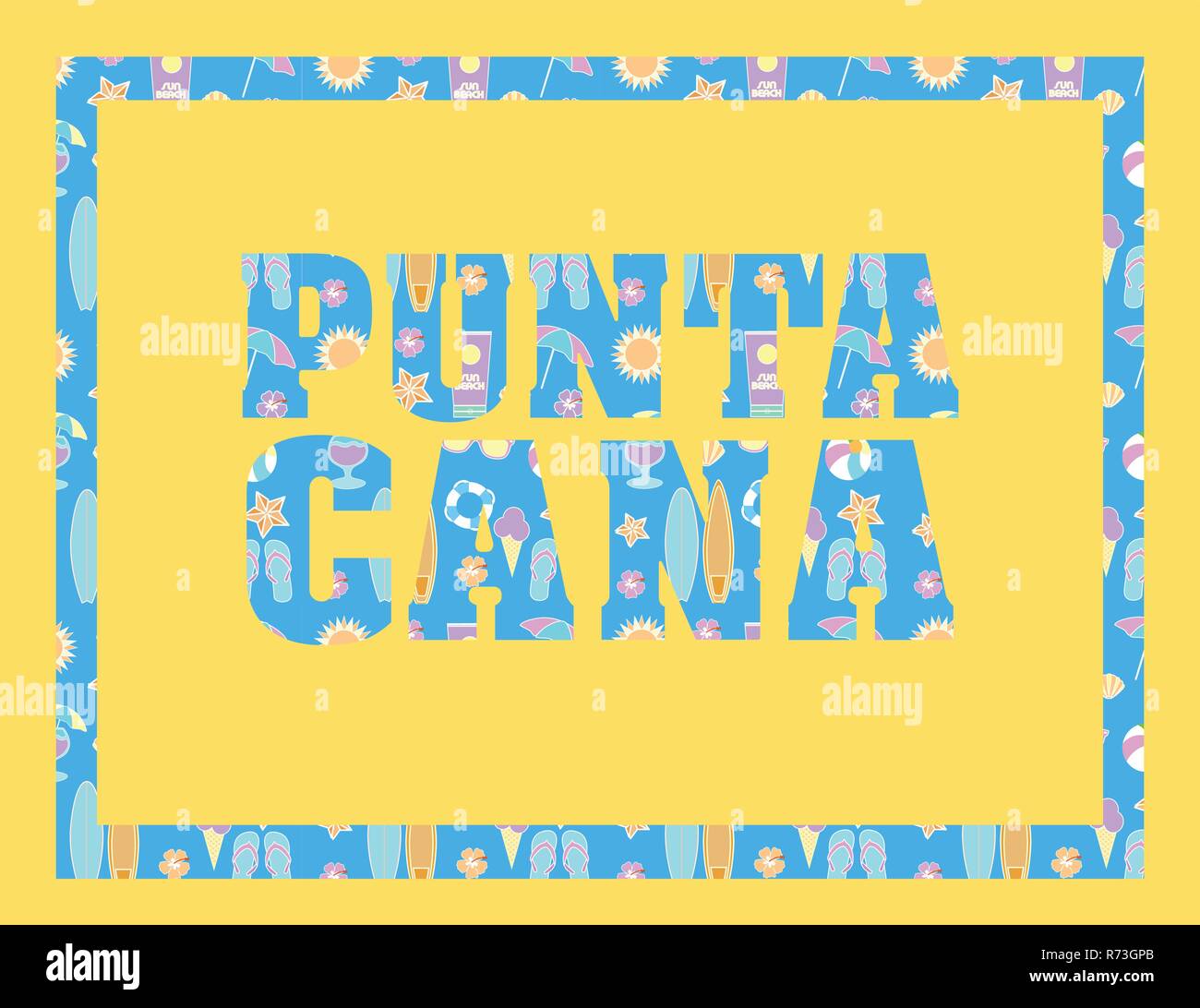 Punta Cana las letras sobre la procedencia de color amarillo. Vector letras tropicales con coloridos iconos en playa azul procedencia Ilustración del Vector