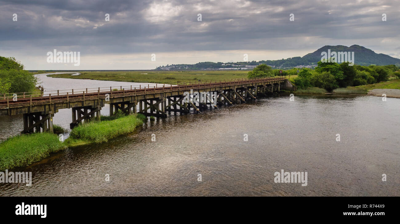 El Cambrian Coast Glaslyn línea cruza el río y los campos y marismas de Traeth Mawr en Portmadog en el norte de Gales. Foto de stock