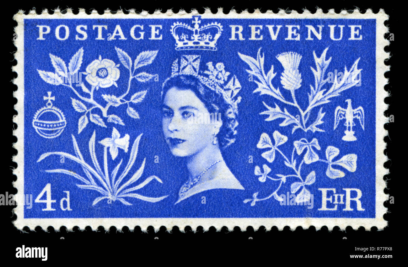 Sello de Gran Bretaña en la coronación de la Reina Elizabet II serie publicada en 1953 Foto de stock