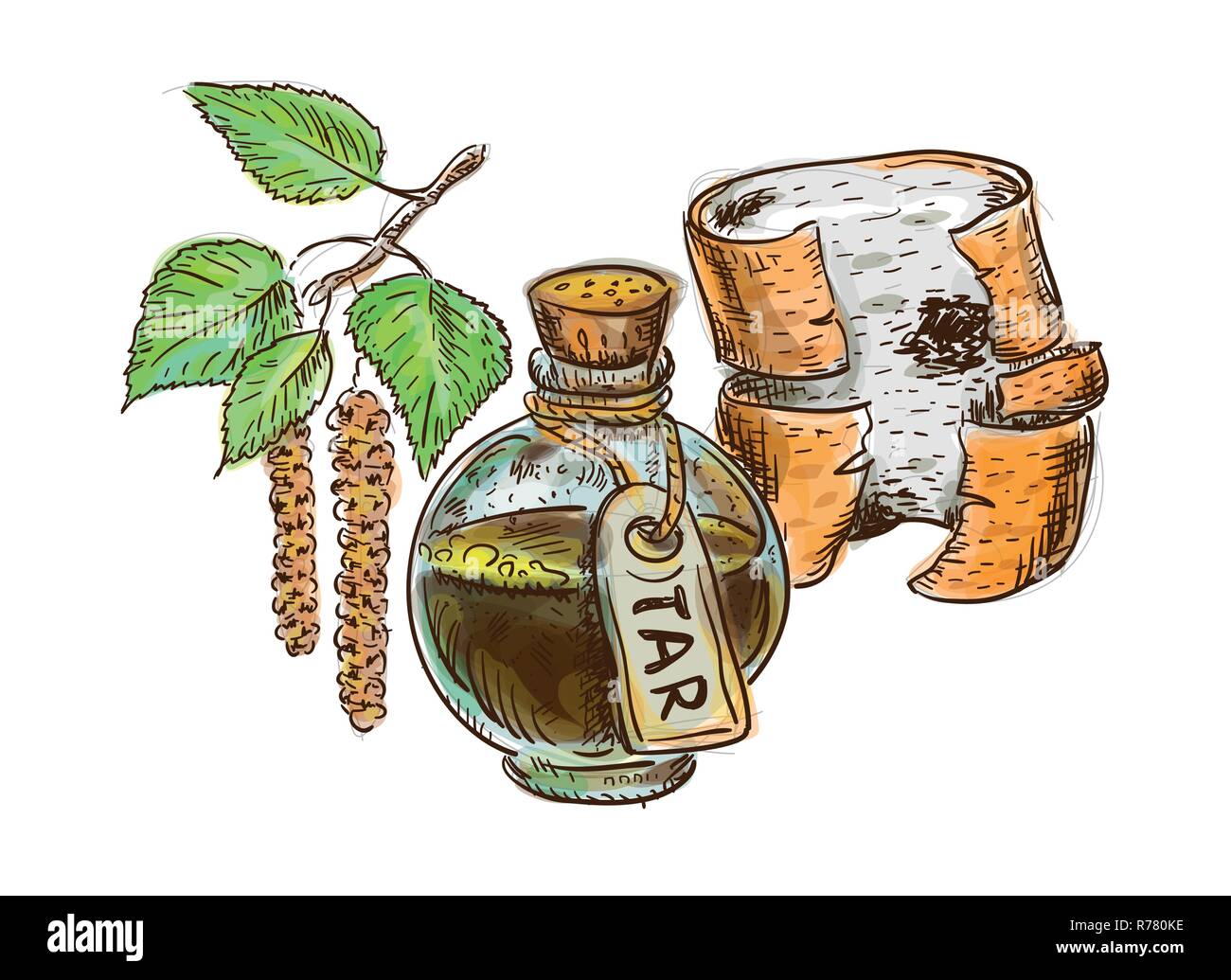 El alquitrán de abedul en botella con birchbark y twig. Acuarela imitación con sketch. Ilustración del Vector