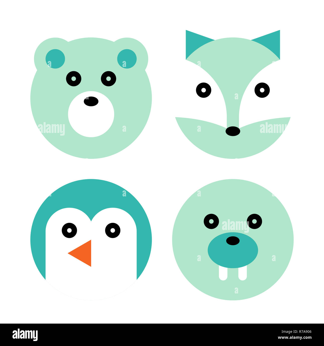 Conjunto de animales polares. El oso polar, el zorro polar, Penguin y Morsas Cartoon cabeza de animal Foto de stock