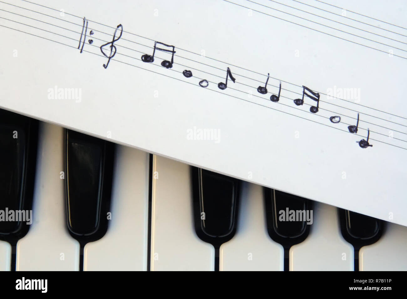 Teclado de piano y notas musicales. Notas musicales en el teclado de un