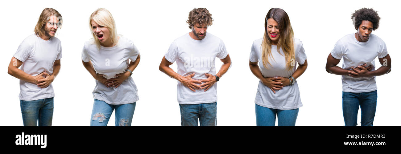 Collage de grupo de personas que visten casual camiseta blanca sobre fondo  aislado con la mano en el estómago, porque la indigestión, sensación  dolorosa enfermedad unw Fotografía de stock - Alamy