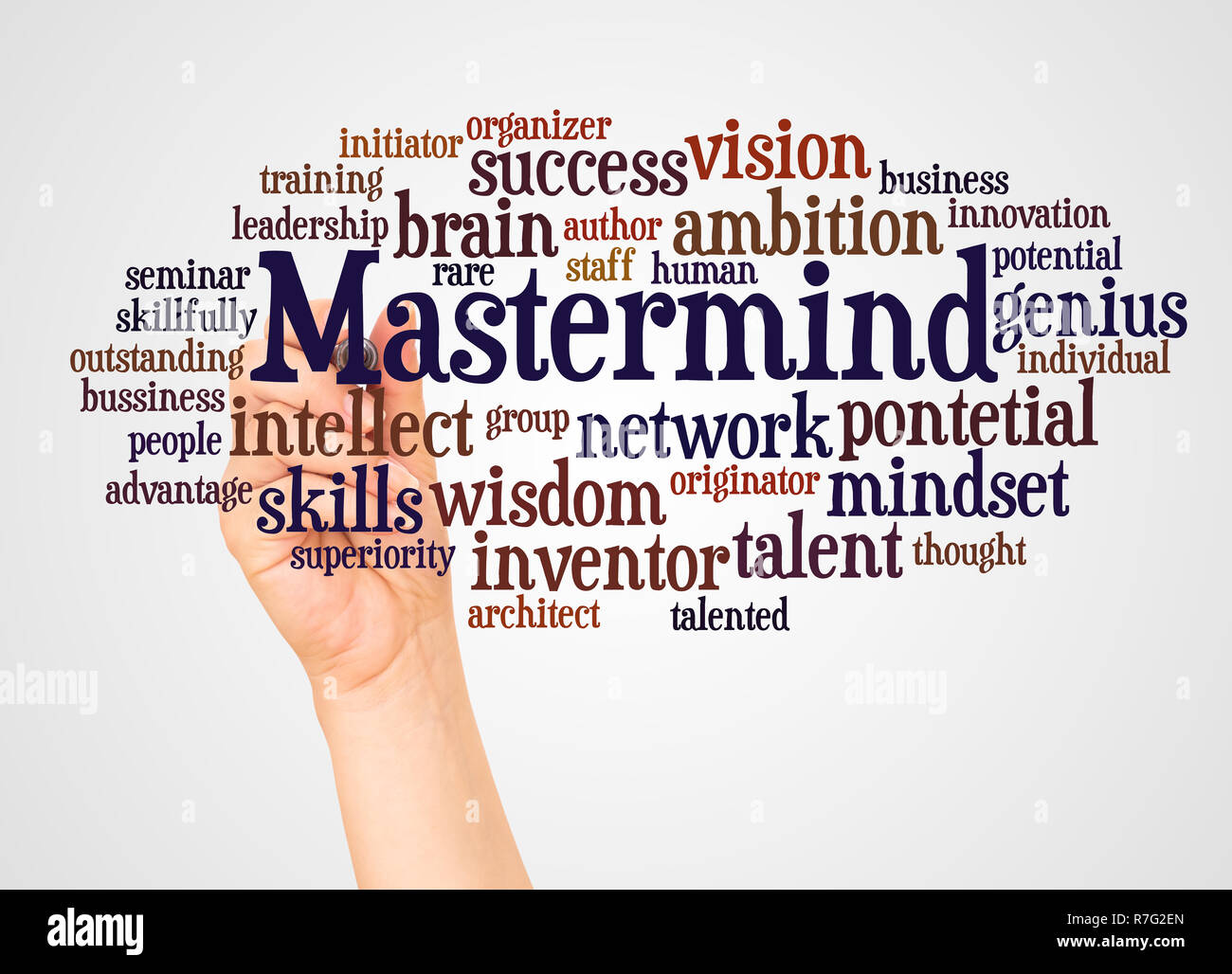 Mastermind palabra cloud y de la mano con el marcador concepto sobre fondo blanco. Foto de stock