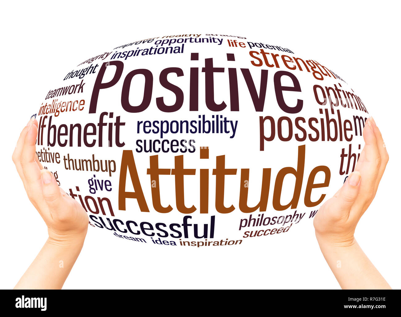 Actitud Positiva Palabra Nube Esfera Mano Concepto Sobre Fondo