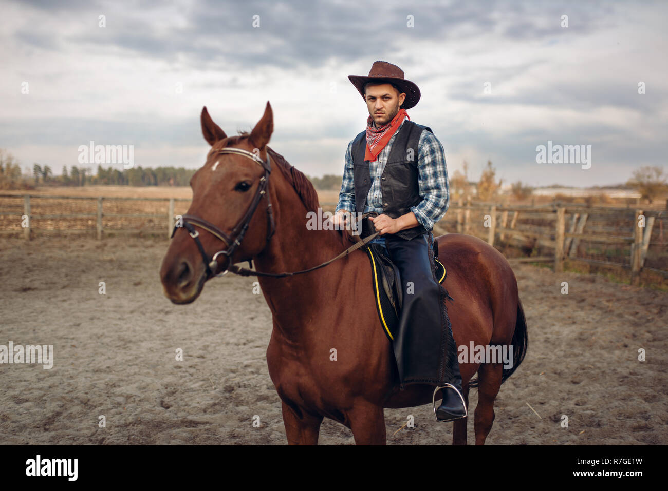 Vaquero montando un caballo en el desierto, en el oeste del valle