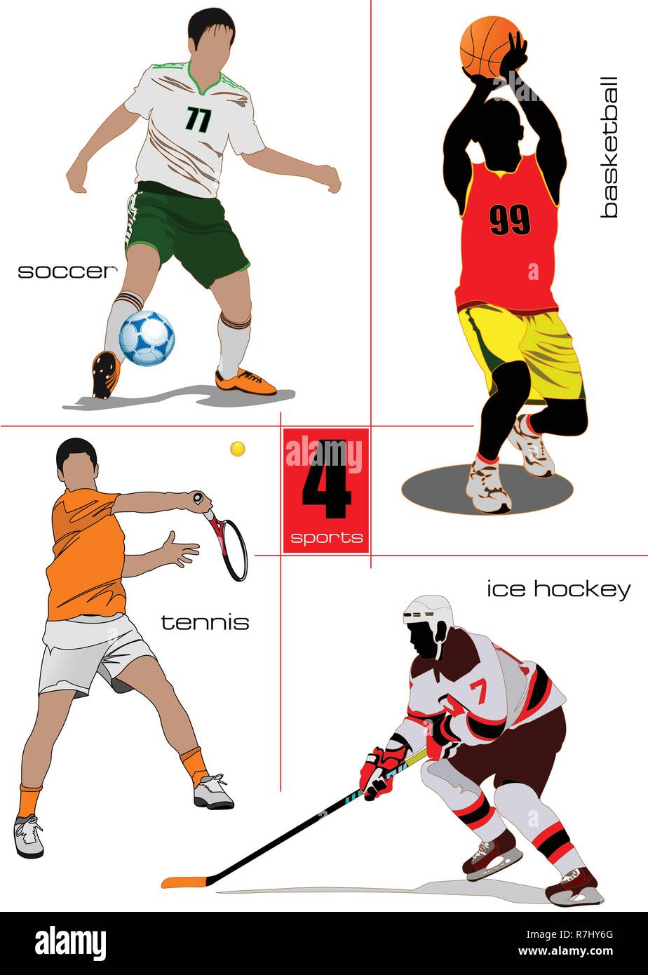 Cuatro tipos de juegos de deporte. Fútbol, hockey, tenis, fútbol Imagen  Vector de stock - Alamy