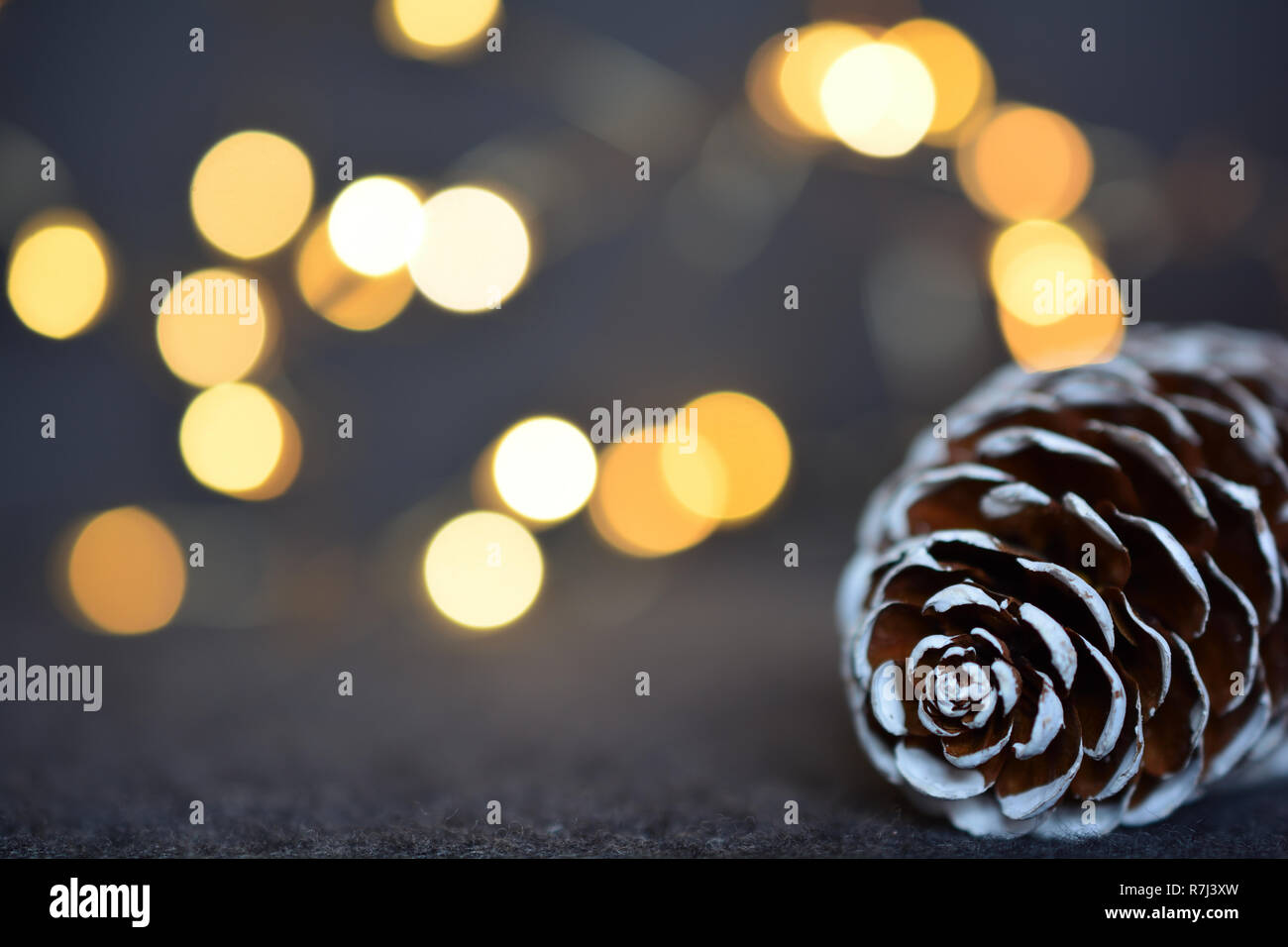 Cono de abeto contra brillando las luces de Navidad Foto de stock