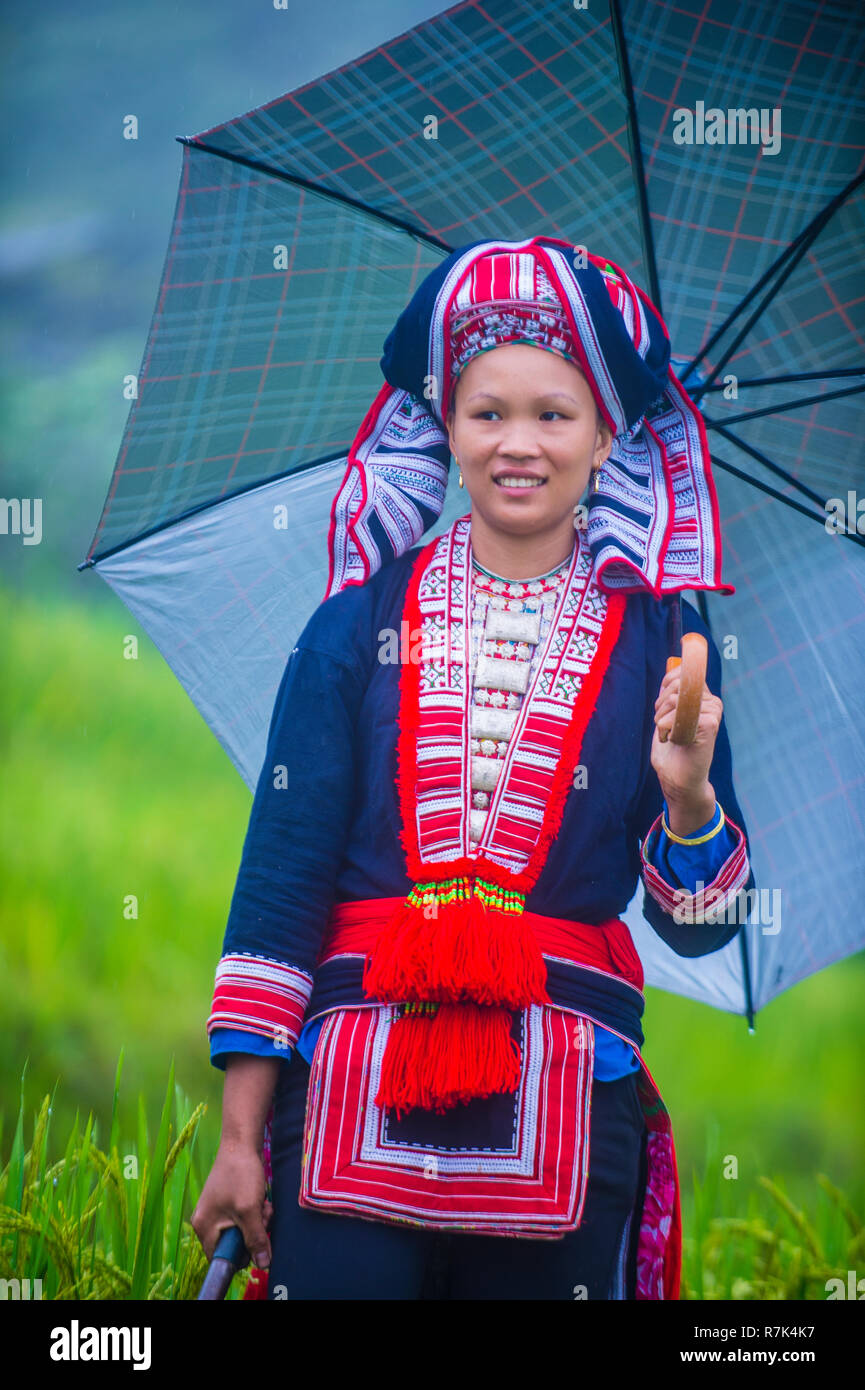 Una mujer de la minoría dao rojo en una aldea cerca de Ha Giang en Vietnam Foto de stock