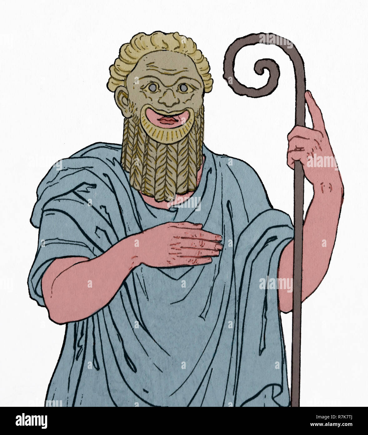 Comediante vistiendo la máscara teatral cómica de terracota. 4ª-3ª siglo A.C. Grabado. Color. Foto de stock