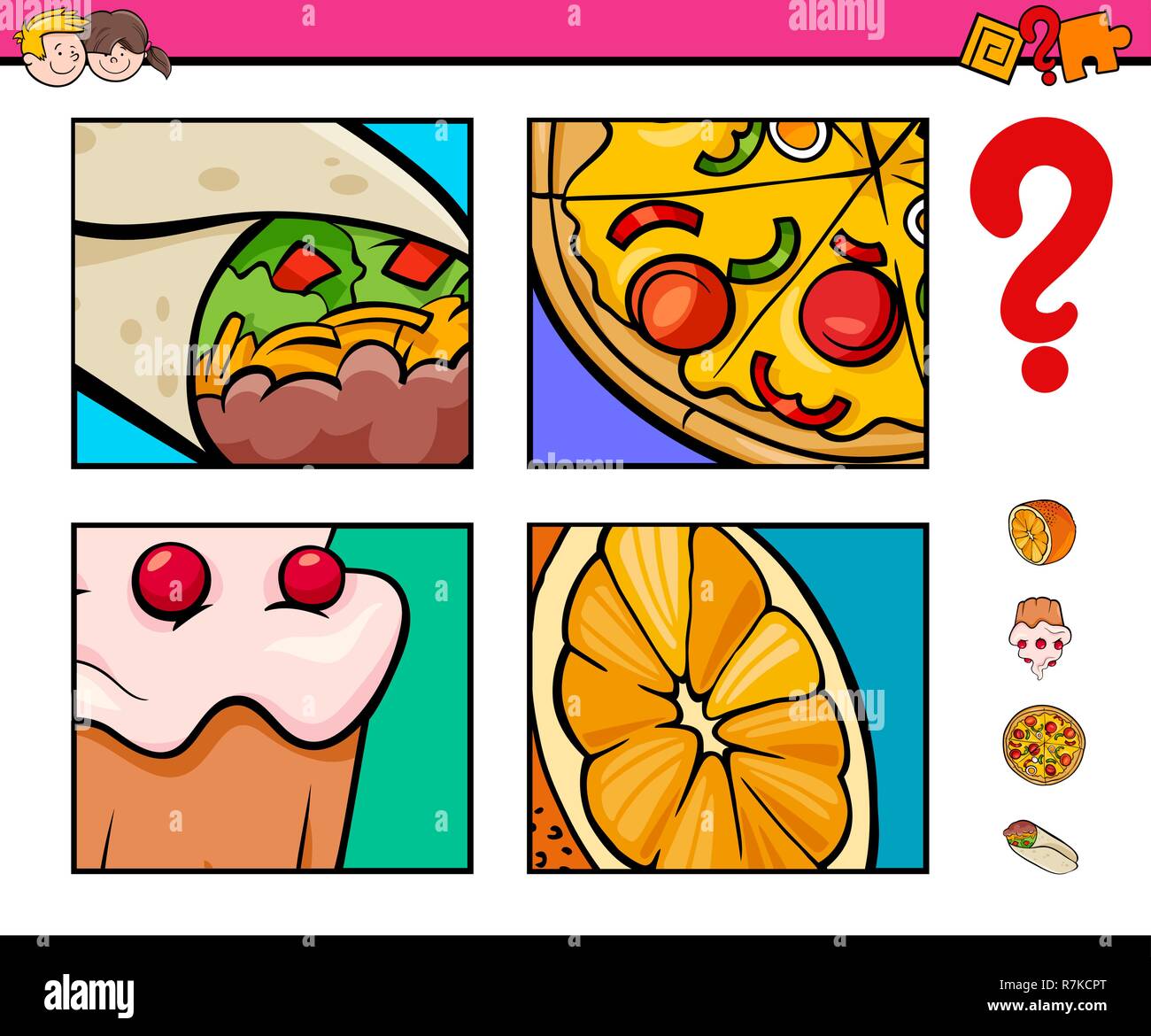 Ilustración de dibujos animados de la actividad educacional juego de  adivinanzas de alimentos para niños objetos Imagen Vector de stock - Alamy