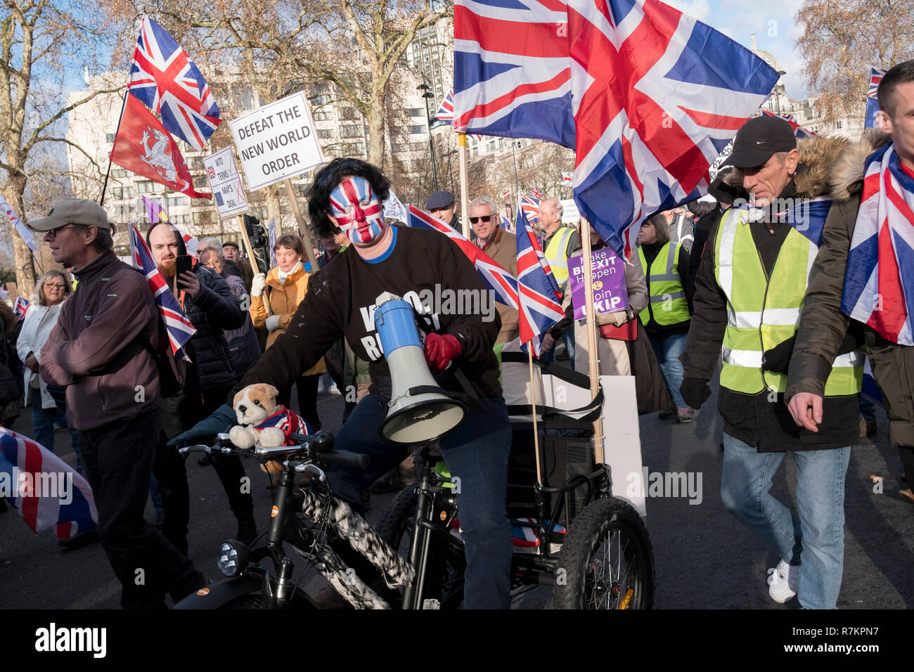 Pro Brexit rally organizado por UKIP y Tommy Robinson para protestar por la "traición de Brexit' como ven el acuerdo logrado entre el Gobierno Tory de mayo y de la UE. El centro de Londres, Reino Unido, 09 de diciembre de 2018. Crédito: Mike Abrahams/Alamy Live News Foto de stock