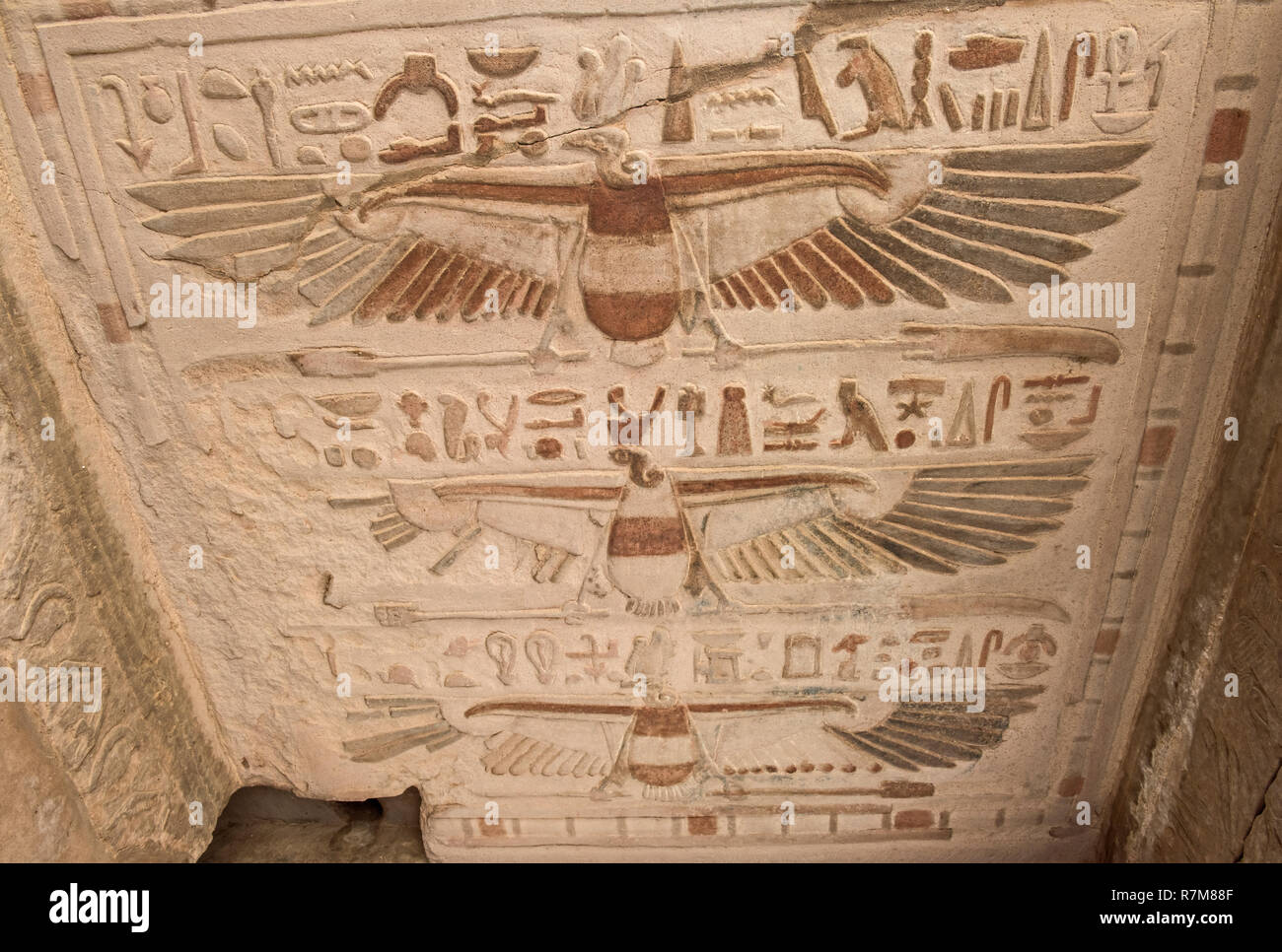 Pintado hieroglypic tallados en pared al antiguo templo egipcio de Kom Ombo Foto de stock