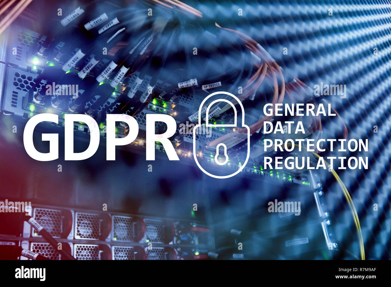 GDPR, cumplimiento de la normativa general de protección de datos. Antecedentes de la sala de servidores. Foto de stock