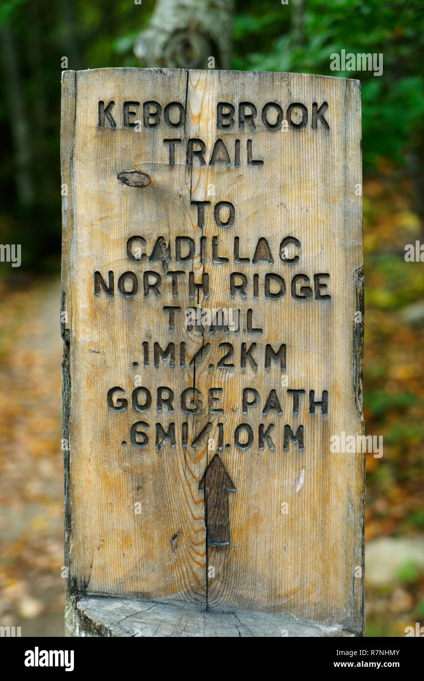 Marcador de madera tallada para rutas de senderismo en el Parque Nacional de Acadia, Maine, Estados Unidos. Foto de stock