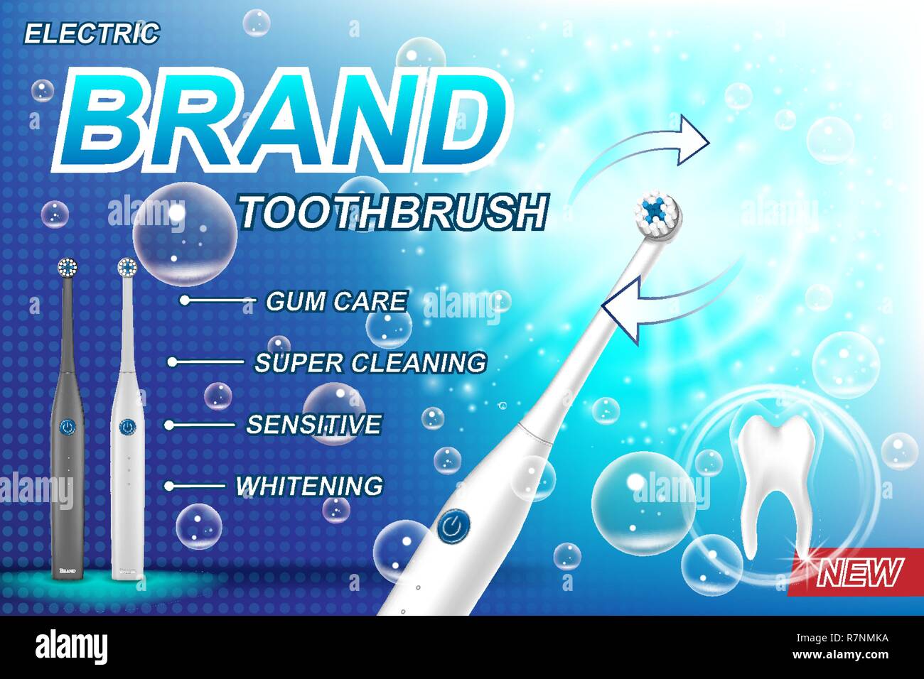 Cepillo dental eléctrico anuncios concepto. Modelo de diente y el paquete del producto diseño de carteles publicitarios y de marketing. Cepillo de dientes vector 3D ilustración. Ilustración del Vector