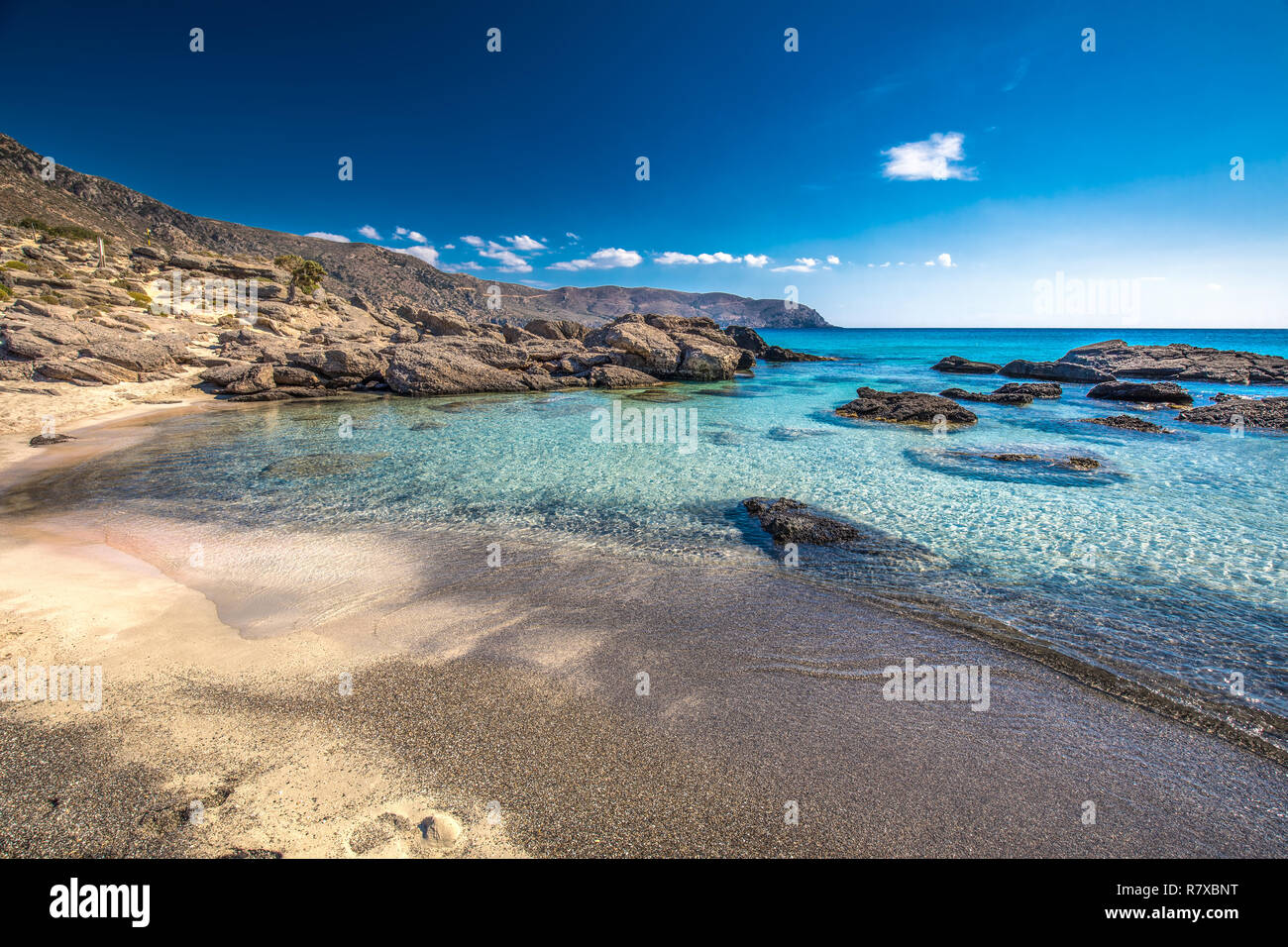 Kedrodasos Elafonissi playa cerca de playa en la isla de Creta con claras aguas azules, Grecia, Europa. Creta es la mayor y más poblada del griego ISL Foto de stock