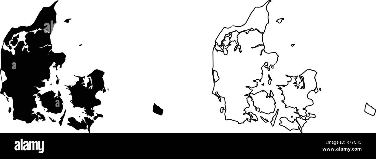 Simple (sólo esquinas afiladas) MAPA DE DINAMARCA (Danmark) dibujo vectorial. Proyección de Mercator. Lleno y versión de esquema. Ilustración del Vector