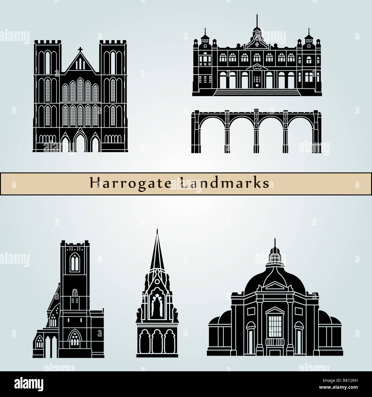 Monumentos de Harrogate y monumentos aislados sobre fondo azul en el archivo vectorial editable Foto de stock