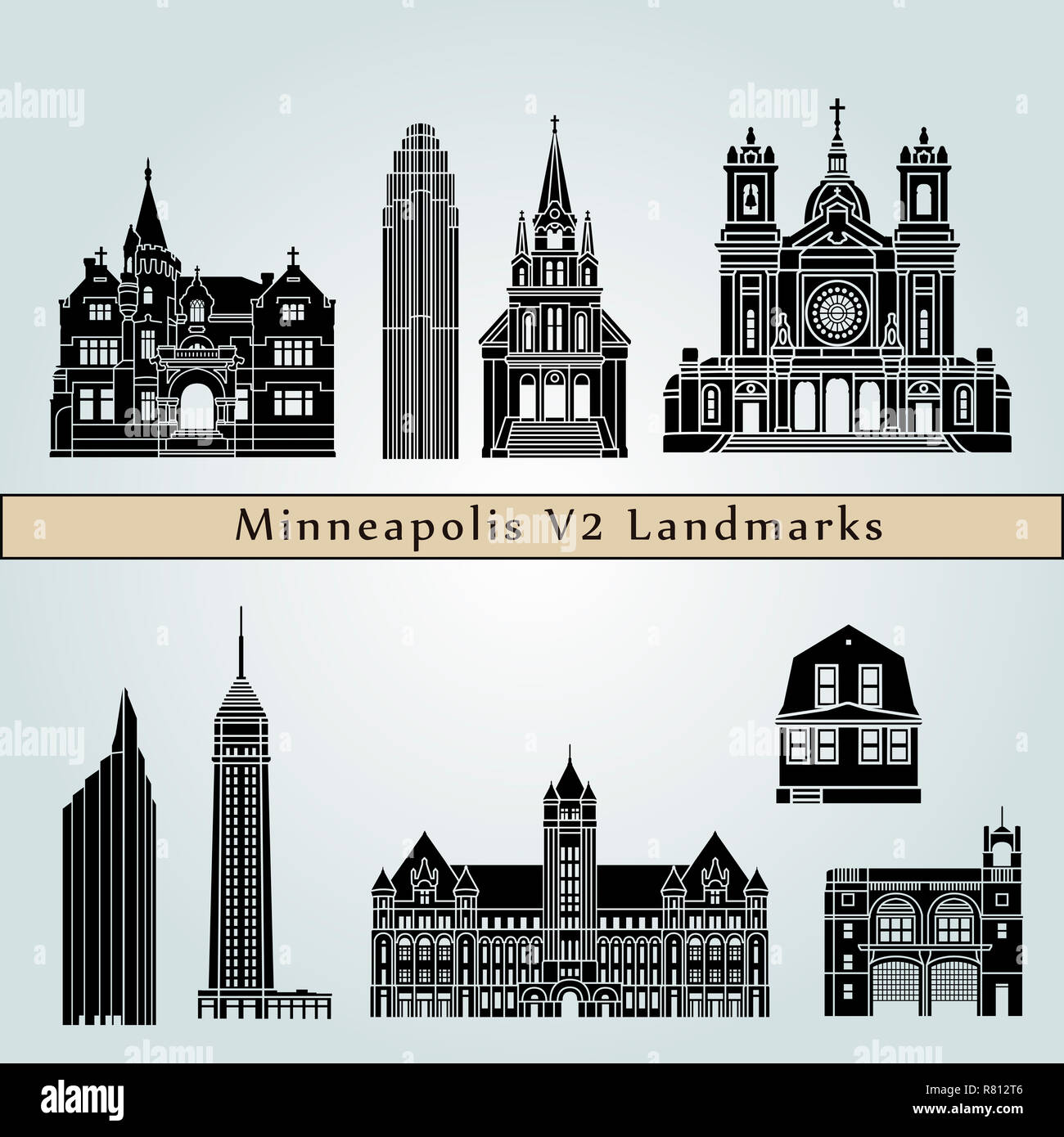 Minneapolis hitos y monumentos aislados sobre fondo azul en el archivo vectorial editable Foto de stock